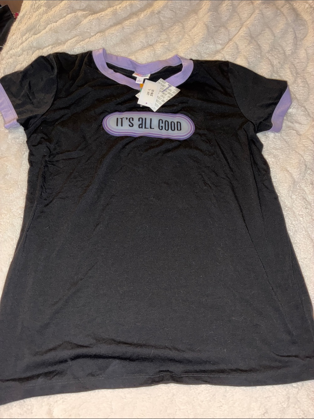 Ash Black Ringer Tee with Lavender Trim - "It's All Good" Graphic